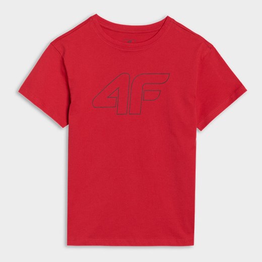 Chłopięcy t-shirt oversize z nadrukiem 4F 4FJWSS25TTSHM2325 - czerwony ze sklepu Sportstylestory.com w kategorii T-shirty chłopięce - zdjęcie 179404024