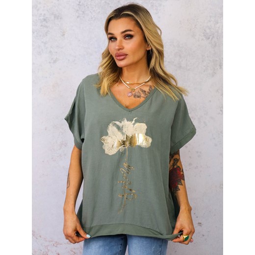 T-SHIRT ZE ZŁOTYM KWIATEM I DEKOLTEM W SZPIC- ZIELONY ze sklepu olika.com.pl w kategorii Bluzki damskie - zdjęcie 179408132