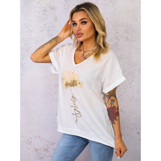 T-SHIRT ZE ZŁOTYM KWIATEM I DEKOLTEM W SZPIC- BIAŁY ze sklepu olika.com.pl w kategorii Bluzki damskie - zdjęcie 179408133