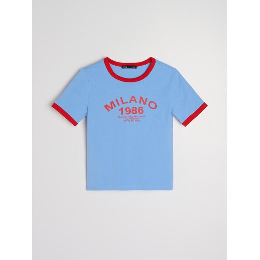 Sinsay - Bawełniana koszulka z napisem - niebieski Sinsay M Sinsay