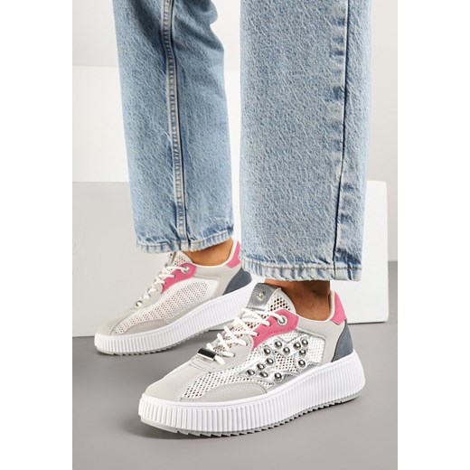 Szaro-Różowe Sneakersy Ozdobione Gwiazdą i Nitami Zeloti ze sklepu renee.pl w kategorii Buty sportowe damskie - zdjęcie 179427122