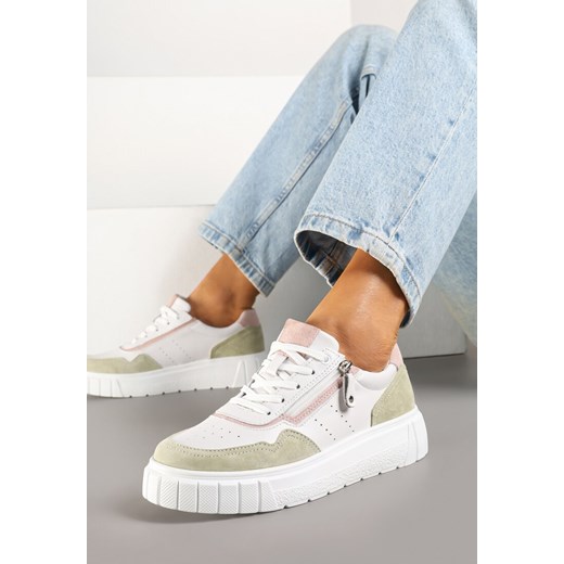 Biało-Zielone Sneakersy Skórzane z Ozdobnym Suwakiem Tillirella ze sklepu born2be.pl w kategorii Buty sportowe damskie - zdjęcie 179430501