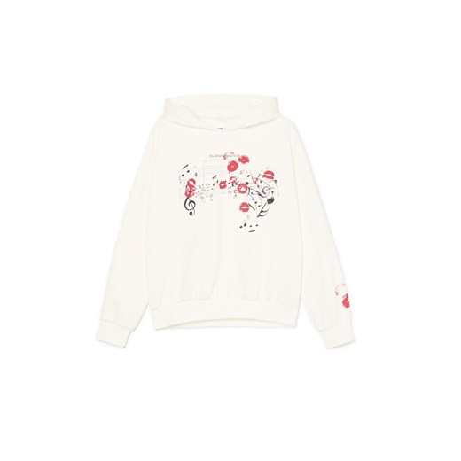 Cropp - Biała bluza hoodie z motywem muzycznym - biały ze sklepu Cropp w kategorii Bluzy damskie - zdjęcie 179443630