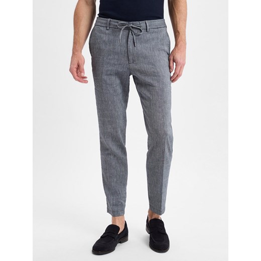 BOSS Męskie spodnie materiałowe z zawartością lnu - Kane regular tapered fit Mężczyźni granatowy marmurkowy ze sklepu vangraaf w kategorii Spodnie męskie - zdjęcie 179460270