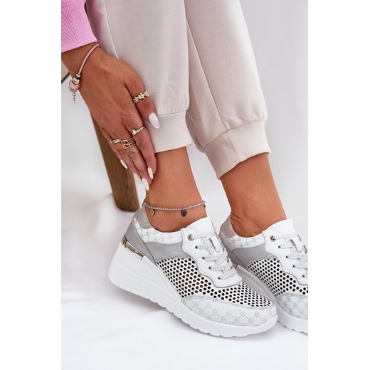 Buty Sportowe Sneakersy Ażurowe Na Koturnie Skóra Naturalna Białe S.Barski LR51-641 ze sklepu ZAZOO w kategorii Buty sportowe damskie - zdjęcie 179464554