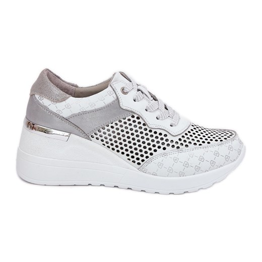 Skórzane Ażurowe Buty Sportowe Sneakersy Na Koturnie S.Barski LR51-641 Białe ze sklepu ButyModne.pl w kategorii Buty sportowe damskie - zdjęcie 179466722