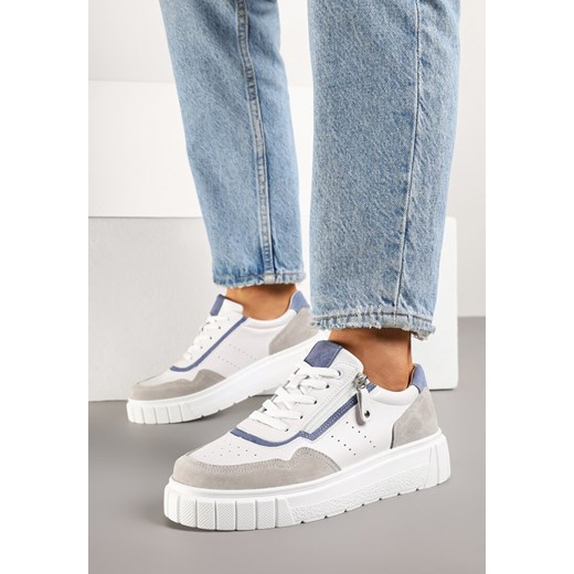 Białe Sneakersy Skórzane na Niskiej Platformie z Suwakiem Sorlane ze sklepu born2be.pl w kategorii Buty sportowe damskie - zdjęcie 179470834