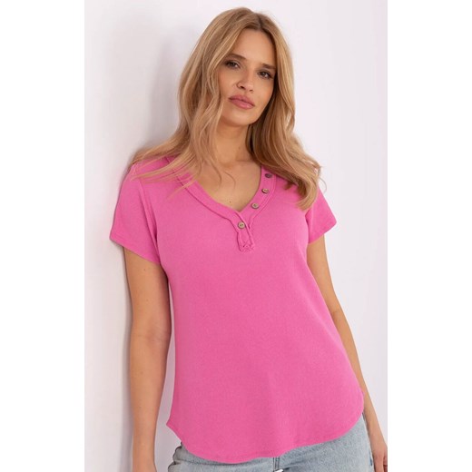 Bawełniana bluzka z dekoltem V różowa DHJ-BZ-25168.00, Kolor różowy, Rozmiar uniwersalny, ITALY MODA ze sklepu Intymna w kategorii Bluzki damskie - zdjęcie 179488001