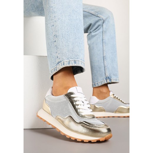 Złote Sneakersy Skórzane Ozdobione Geometrycznym Motywem Wibessa ze sklepu renee.pl w kategorii Buty sportowe damskie - zdjęcie 179500882