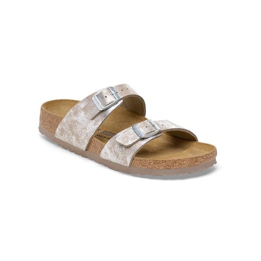Srebrne klapki damskie BIRKENSTOCK na lato płaskie casualowe 