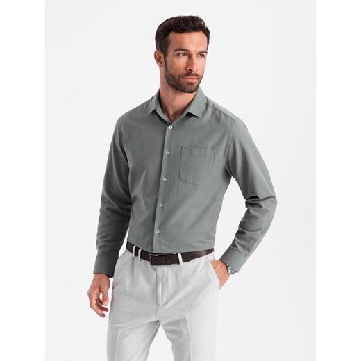 Męska koszula z kieszenią REGULAR FIT - khaki V4 OM-SHCS-0148 ze sklepu ombre w kategorii Koszule męskie - zdjęcie 179529332