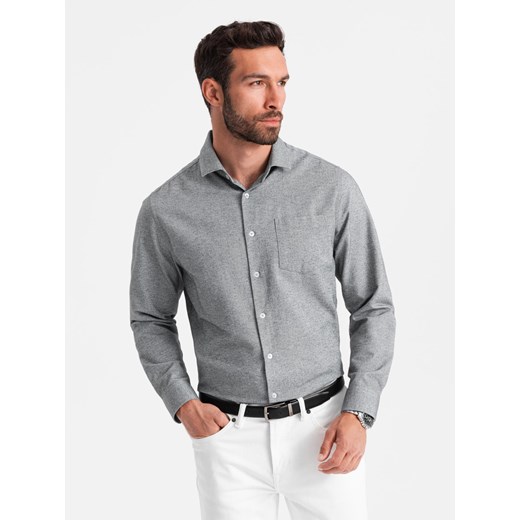 Koszula męska z kieszenią REGULAR FIT - szary melanż V3 OM-SHCS-0148 ze sklepu ombre w kategorii Koszule męskie - zdjęcie 179529394