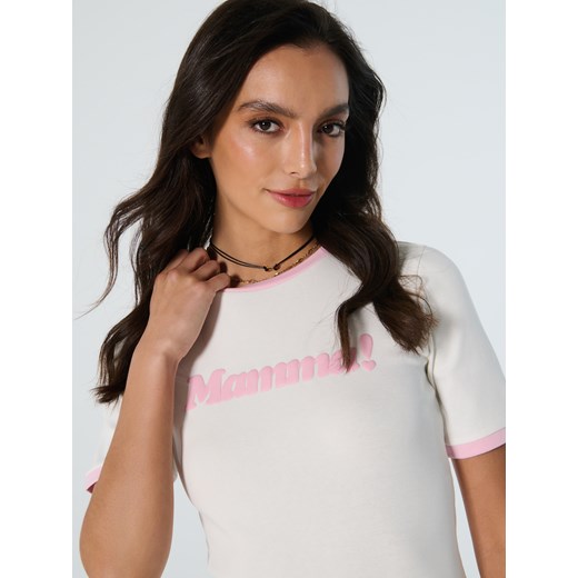 Bluzka damska Sinsay biała z krótkim rękawem z okrągłym dekoltem z napisami bawełniana 