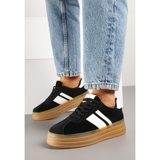 Czarne Sneakersy w Stylu Klasycznych Tenisówek z Ozdobnymi Paskami Dellien ze sklepu born2be.pl w kategorii Buty sportowe damskie - zdjęcie 179573433