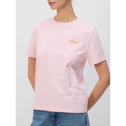 Reserved - T-shirt z haftem - pastelowy róż ze sklepu Reserved w kategorii Bluzki damskie - zdjęcie 179577382