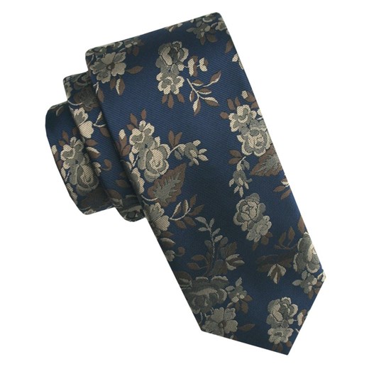 Elegancki i Modny Męski Krawat - Angelo di Monti - Beżowe Kwiaty, Granatowe Tło KRADM2193 ze sklepu JegoSzafa.pl w kategorii Krawaty - zdjęcie 179585300