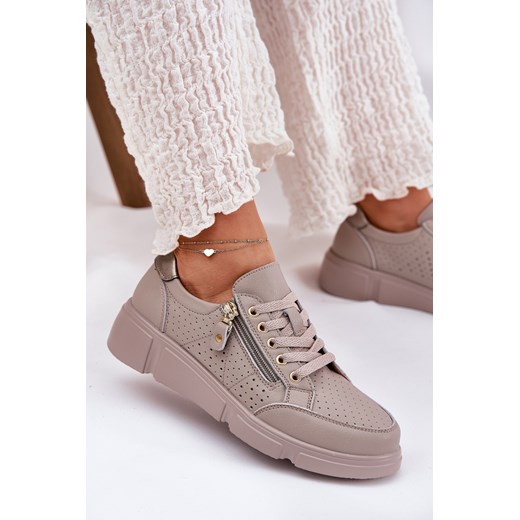 Sneakersy Buty Sportowe Damskie Na Platformie Skórzane Ciemnobeżowe Vinceza 88019 ze sklepu ZAZOO w kategorii Buty sportowe damskie - zdjęcie 179585784
