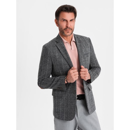 Elegancka męska marynarka w kratkę z domieszką wełny – szara V1 OM-BLZB-0137 ze sklepu ombre w kategorii Marynarki męskie - zdjęcie 179606653