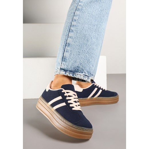 Granatowe Sneakersy na Tłoczonej Platformie Ozdobione Paskami Felainora ze sklepu renee.pl w kategorii Buty sportowe damskie - zdjęcie 179607983