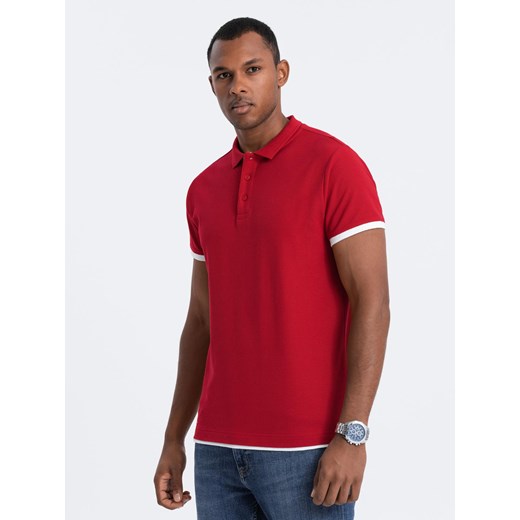 Bawełniana koszulka męska polo z kontrastowymi wykończeniami – czerwona V2 OM-POSS-0113 ze sklepu ombre w kategorii T-shirty męskie - zdjęcie 179611021