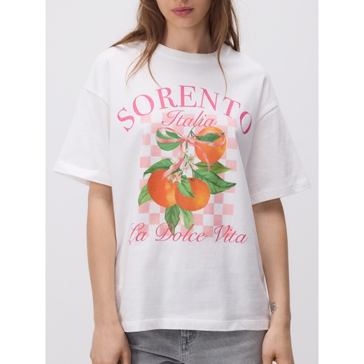 Reserved - T-shirt oversize z nadrukiem - złamana biel ze sklepu Reserved w kategorii Bluzki damskie - zdjęcie 179612714
