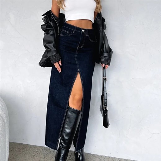 Spódnica maxi denim z rozcięciem - Czarny S ze sklepu Intimica.pl w kategorii Spódnice - zdjęcie 179625940