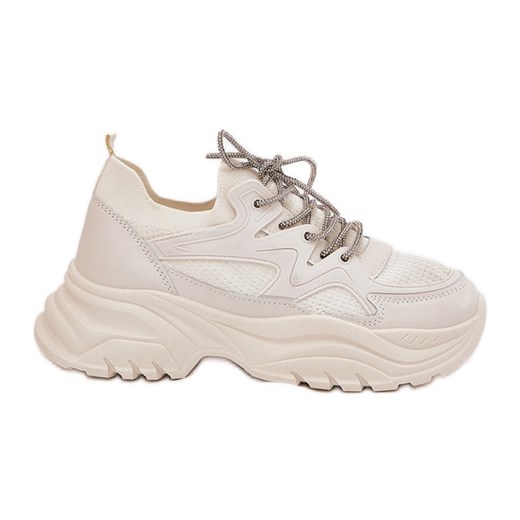 Sneakersy Damskie Na Platformie Ozdobnym Sznurowaniem Beżowe beżowy ze sklepu ButyModne.pl w kategorii Buty sportowe damskie - zdjęcie 179627961
