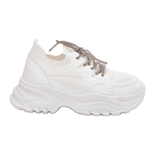 Sneakersy Damskie Na Platformie Ozdobnym Sznurowaniem Białe ze sklepu ButyModne.pl w kategorii Buty sportowe damskie - zdjęcie 179627962