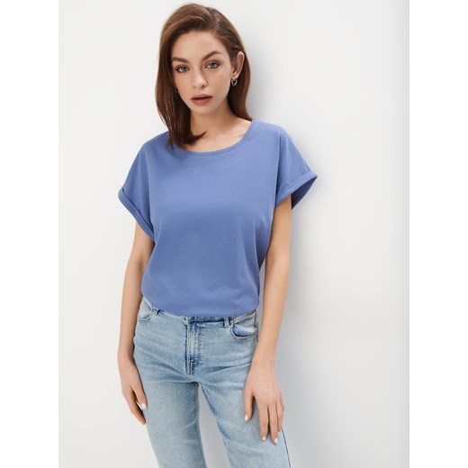 Mohito - Bawełniany niebieski t-shirt - niebieski ze sklepu Mohito w kategorii Bluzki damskie - zdjęcie 179631460