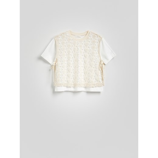 Reserved - T-shirt z ażurowym wzorem - biały Reserved L Reserved