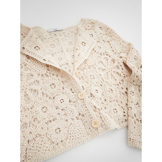 Reserved - Ażurowy kardigan z bawełny - kremowy Reserved L Reserved