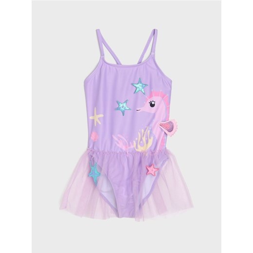Sinsay - Kostium kąpielowy z aplikacjami 3d wykończony tiulem - fioletowy Sinsay 98/104 Sinsay