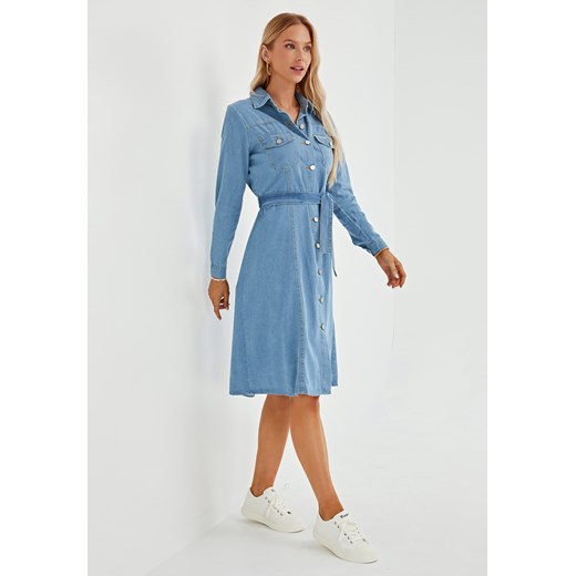 Sukienka rozkloszowana jeansowa z długim rękawem ze sklepu Jacinshop w kategorii Sukienki - zdjęcie 179647153