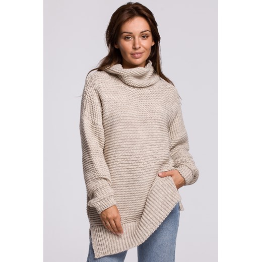 Sweter oversize z golfem - beżowy ze sklepu Cudmoda w kategorii Swetry damskie - zdjęcie 179651400