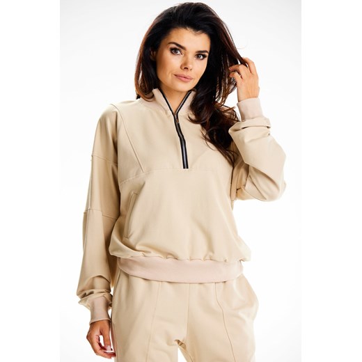 Bluza damska dresowa ze stójką - beżowa ze sklepu Cudmoda w kategorii Bluzy damskie - zdjęcie 179651560