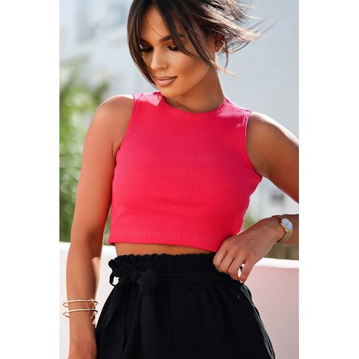Klasyczny crop top z prążkowanej dzianiny - malinowy ze sklepu Cudmoda w kategorii Bluzki damskie - zdjęcie 179653143
