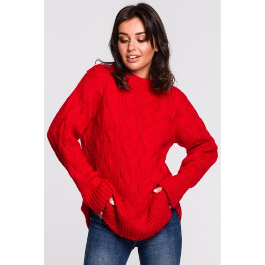 Sweter ze splotem typu warkocz - czerwony ze sklepu Cudmoda w kategorii Swetry damskie - zdjęcie 179653434