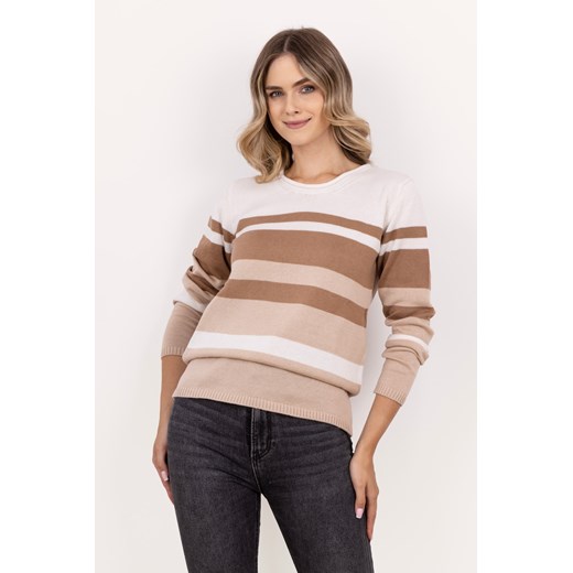 Sweter damski w paski - beżowy ze sklepu Cudmoda w kategorii Swetry damskie - zdjęcie 179654121