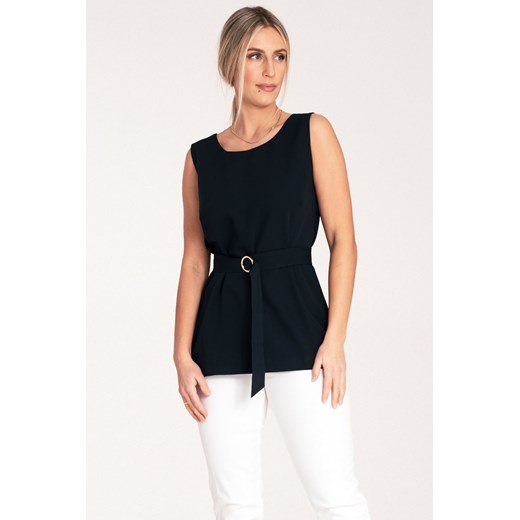 Elegancka bluzka z paskiem w talii - granatowa ze sklepu Cudmoda w kategorii Bluzki damskie - zdjęcie 179654603