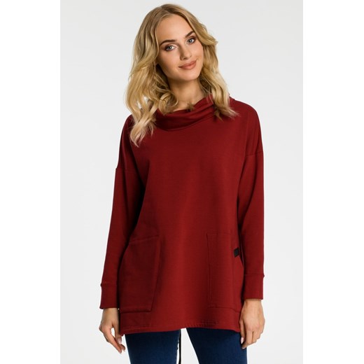 Bluza oversize z kominem i kieszeniami - bordowa ze sklepu Cudmoda w kategorii Bluzy damskie - zdjęcie 179654953