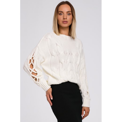 Sweter z dziurami na rękawach - ecru ze sklepu Cudmoda w kategorii Swetry damskie - zdjęcie 179655904