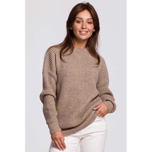 Długi sweter w prążek - cappuccino ze sklepu Cudmoda w kategorii Swetry damskie - zdjęcie 179656053