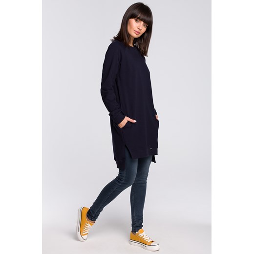 Bluza - tunika z rozcięciami po bokach i ściągaczem na dole - granatowa ze sklepu Cudmoda w kategorii Bluzy damskie - zdjęcie 179657962