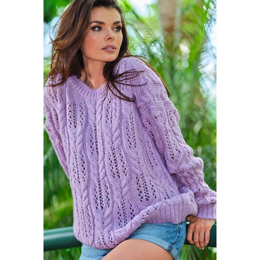 Ażurowy sweter oversize - fioletowy ze sklepu Cudmoda w kategorii Swetry damskie - zdjęcie 179658034
