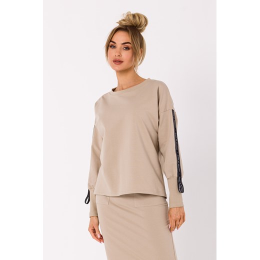 Bluza z lampasami na rękawach - beżowa ze sklepu Cudmoda w kategorii Bluzy damskie - zdjęcie 179658873