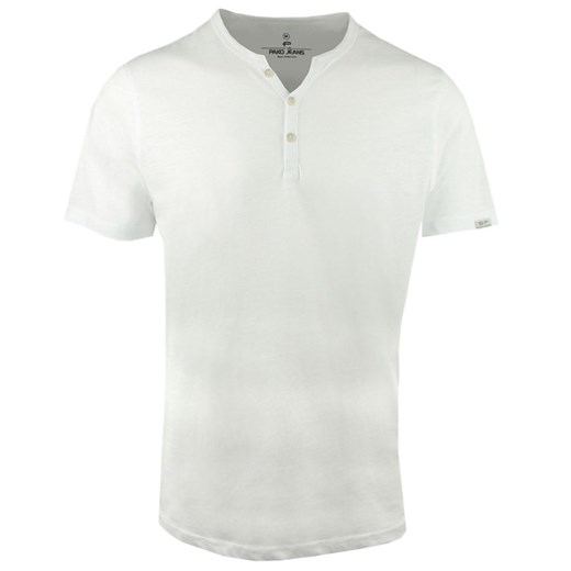 T-Shirt z Dekoltem na Guziki -Pako Jeans- Lekko Melanżowa, Biała Tkanina TSPJNSnoelBI ze sklepu JegoSzafa.pl w kategorii T-shirty męskie - zdjęcie 179670442
