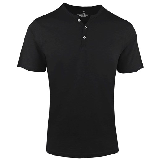 T-Shirt z Dekoltem na Guziki -Pako Jeans- Lekko Melanżowa, Czarna Tkanina TSPJNSnoelCZ ze sklepu JegoSzafa.pl w kategorii T-shirty męskie - zdjęcie 179670451