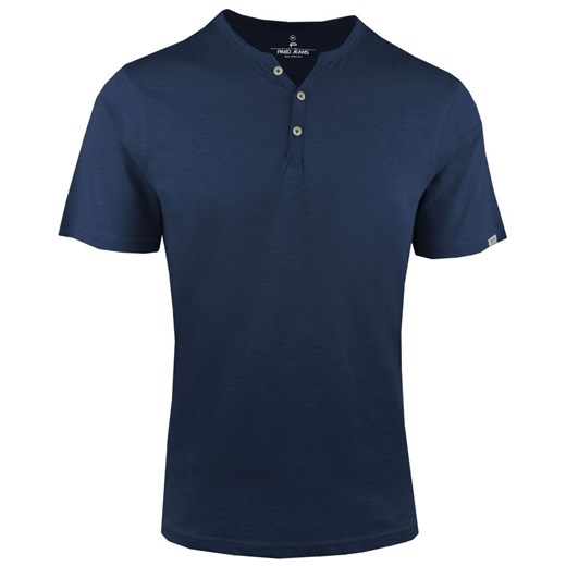 T-Shirt z Dekoltem na Guziki -Pako Jeans- Lekko Melanżowa, Granatowa Tkanina TSPJNSnoelGR ze sklepu JegoSzafa.pl w kategorii T-shirty męskie - zdjęcie 179670454