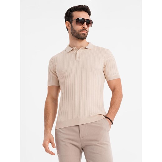 Męska koszulka polo z wiskozą SLIM FIT w pionowy prążek – beżowa V2 OM-POSS-0143 ze sklepu ombre w kategorii T-shirty męskie - zdjęcie 179682784