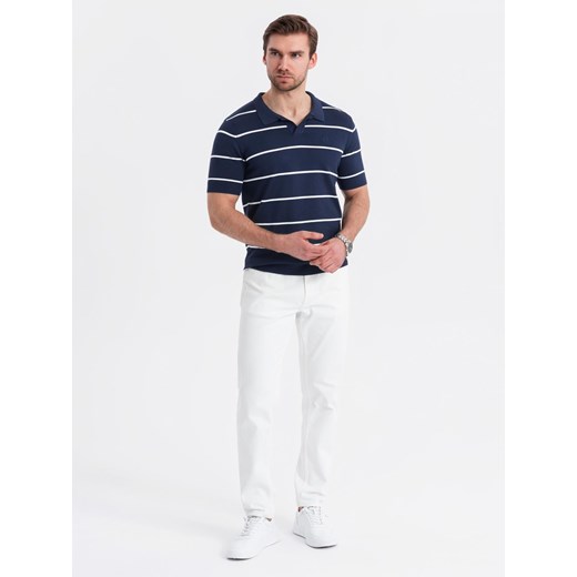 Męska koszulka polo w poziome paski z wiskozą – granatowo-biała V1 OM-POSS-0145 ze sklepu ombre w kategorii T-shirty męskie - zdjęcie 179682831